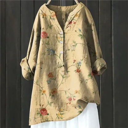 Effortless Floral Tunic for Women with V-Neck Long Sleeve Button Up Linen Relaxed Casual Style