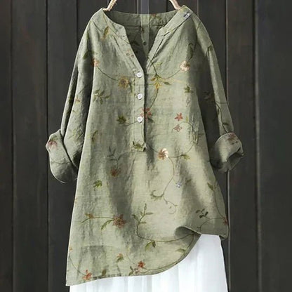 Effortless Floral Tunic for Women with V-Neck Long Sleeve Button Up Linen Relaxed Casual Style