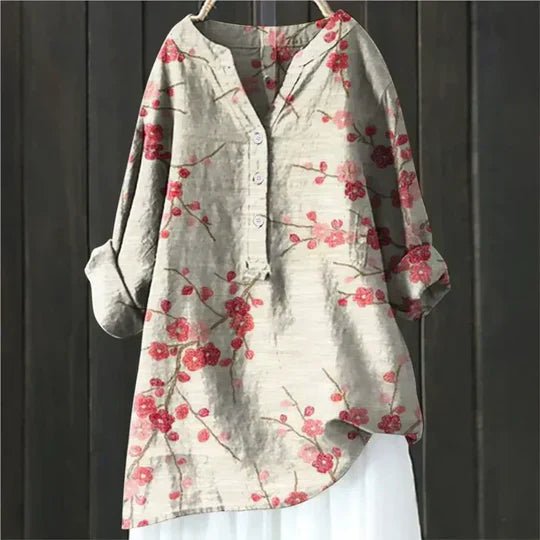 Effortless Floral Tunic for Women with V-Neck Long Sleeve Button Up Linen Relaxed Casual Style