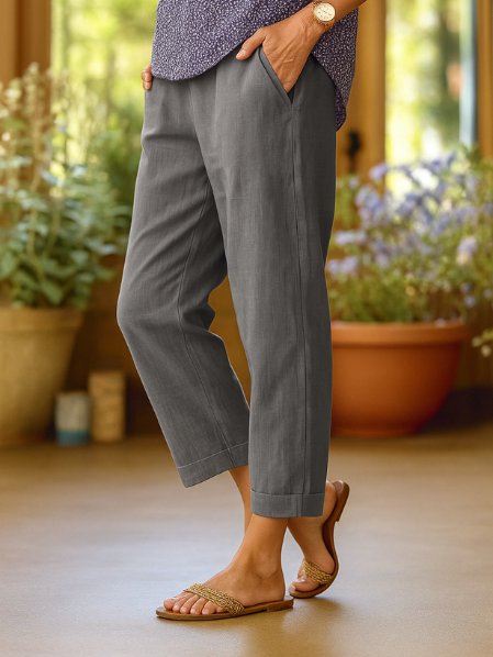 Comfortable Linen Cropped Pants for Women with Tapered Leg Cuffed Hem Casual Linen Pants Style