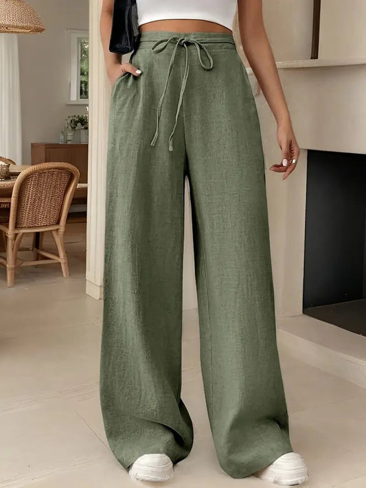 Effortless Linen Wide Leg Pants for Women with High Waist Drawstring Tie Flowing Casual Style