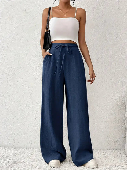 Effortless Linen Wide Leg Pants for Women with High Waist Drawstring Tie Flowing Casual Style
