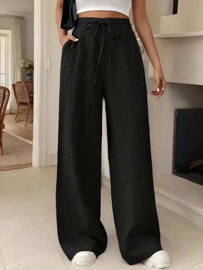 Effortless Linen Wide Leg Pants for Women with High Waist Drawstring Tie Flowing Casual Style