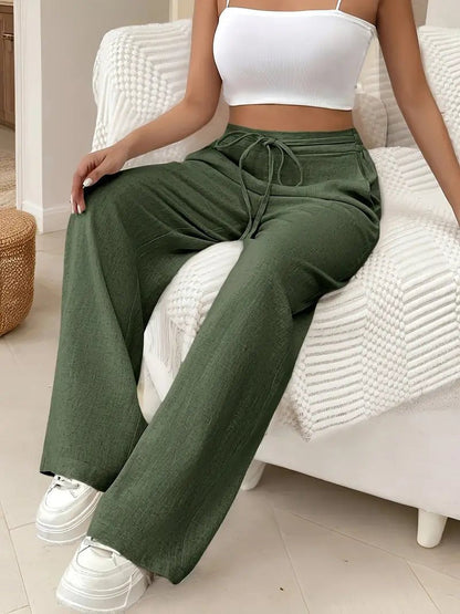 Effortless Linen Wide Leg Pants for Women with High Waist Drawstring Tie Flowing Casual Style