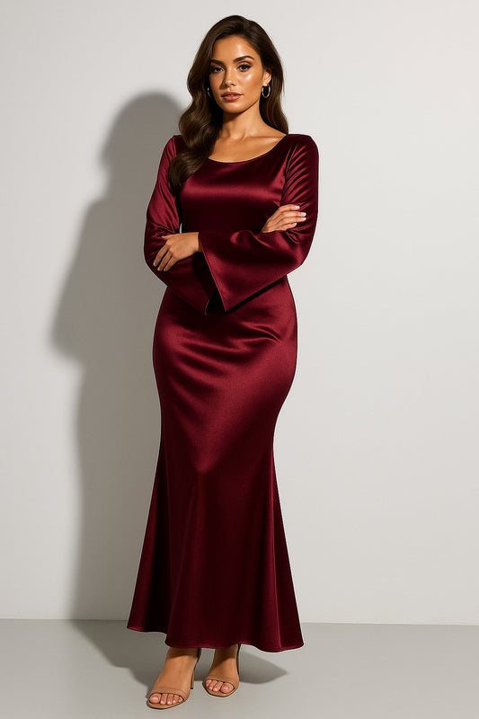 Ava | Women's Satin Long Sleeve Scoop Neck Fishtail Maxi Dress