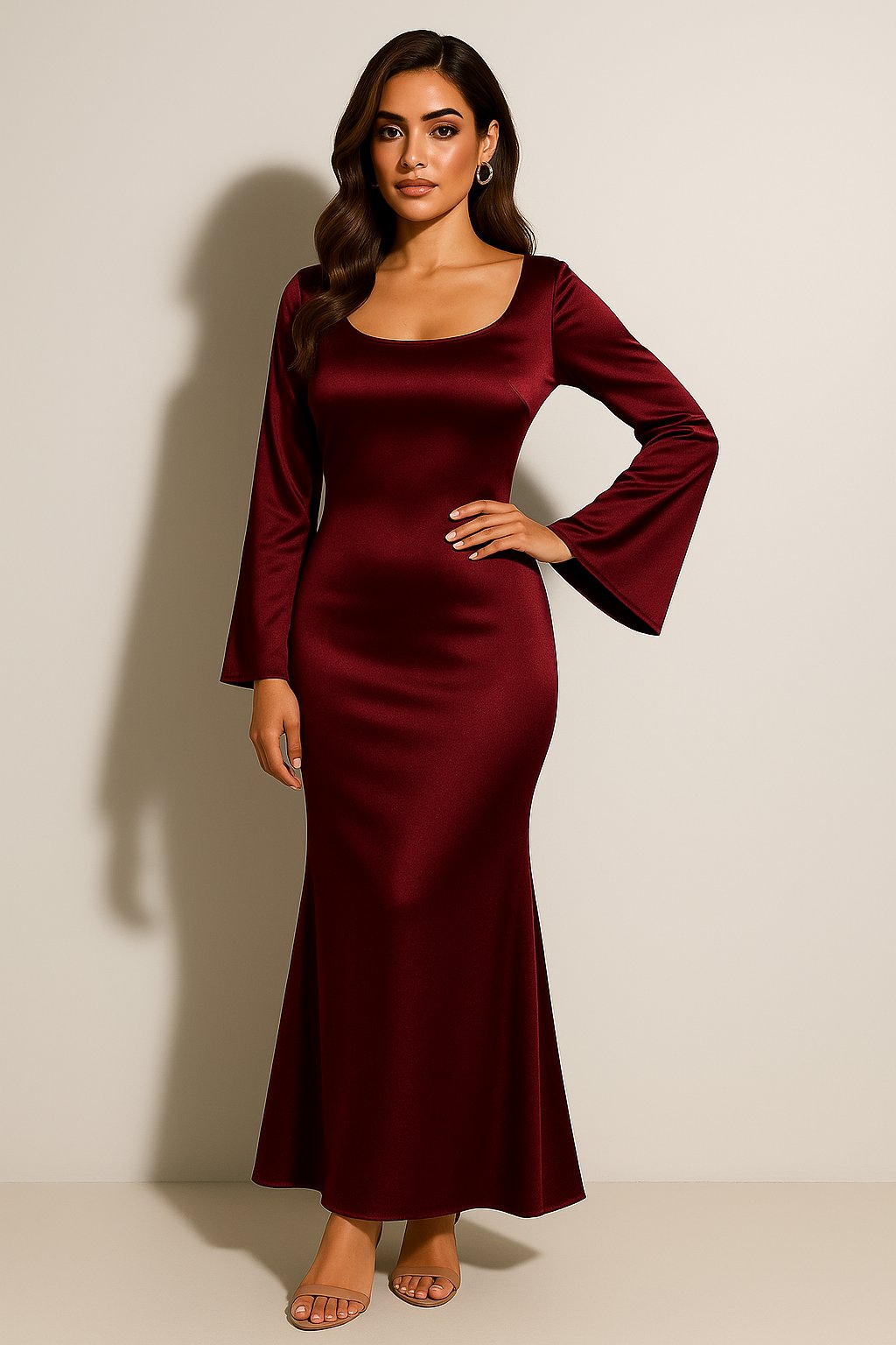 Ava | Women's Satin Long Sleeve Scoop Neck Fishtail Maxi Dress