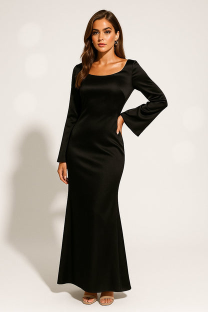 Ava | Women's Satin Long Sleeve Scoop Neck Fishtail Maxi Dress