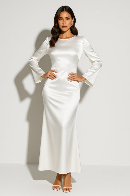 Ava | Women's Satin Long Sleeve Scoop Neck Fishtail Maxi Dress