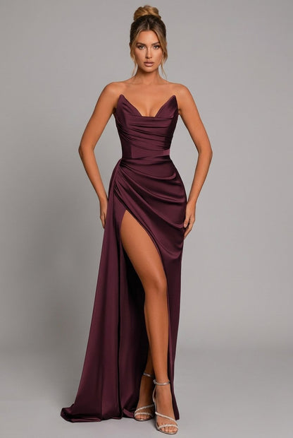 Sienna | Women's Strapless Satin Maxi Dress with Ruched Bodice and High Slit