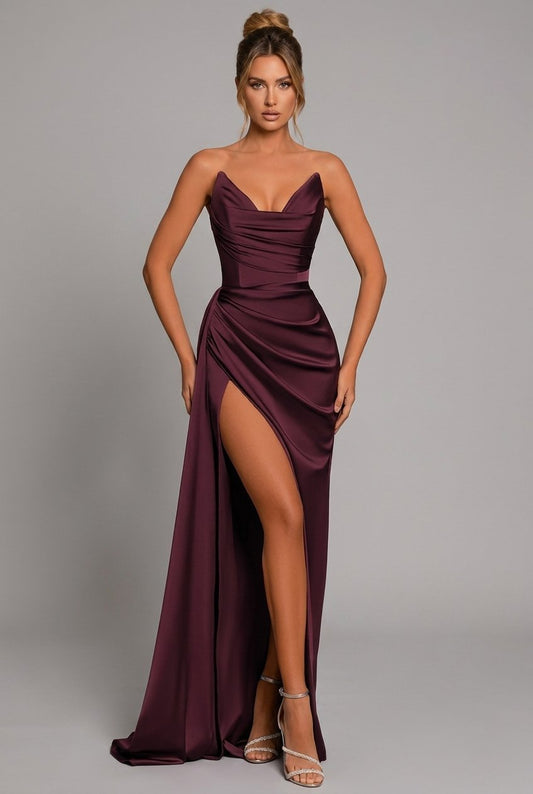 Sienna | Women's Strapless Satin Maxi Dress with Ruched Bodice and High Slit