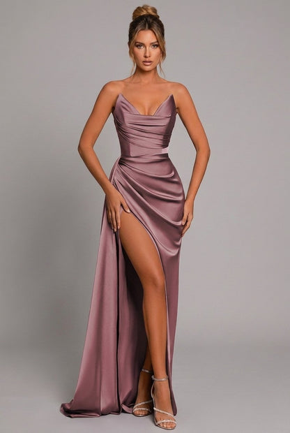 Sienna | Women's Strapless Satin Maxi Dress with Ruched Bodice and High Slit