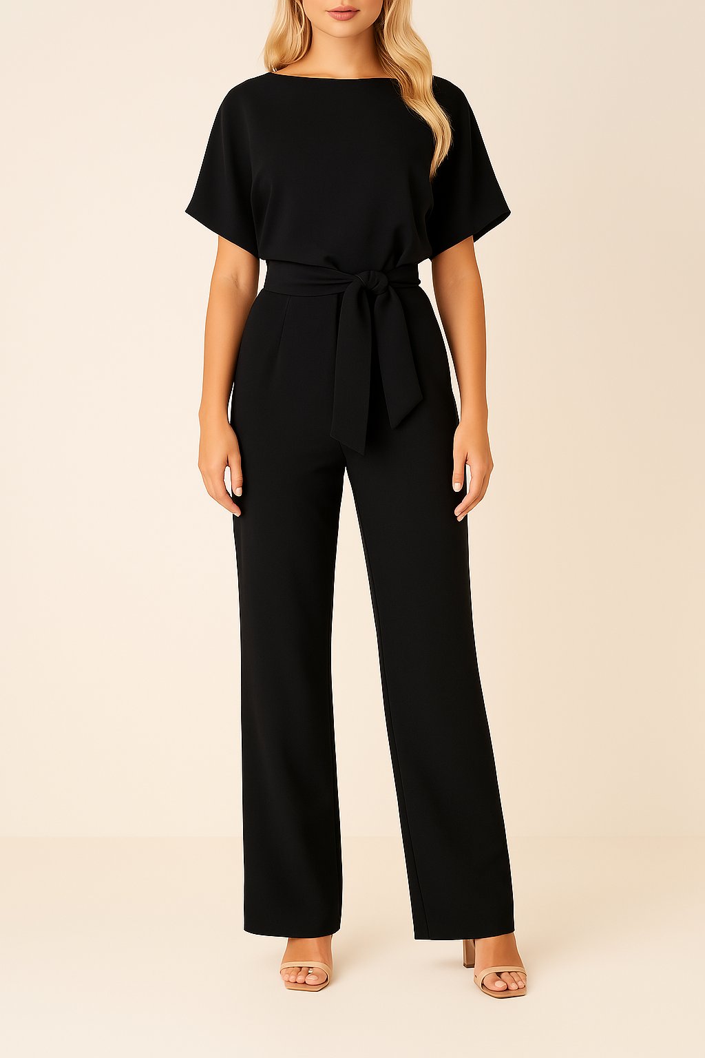 Effortless Wide Leg Jumpsuit for Women with Boat Neck Short Sleeve Tie Waist Belted Casual Style