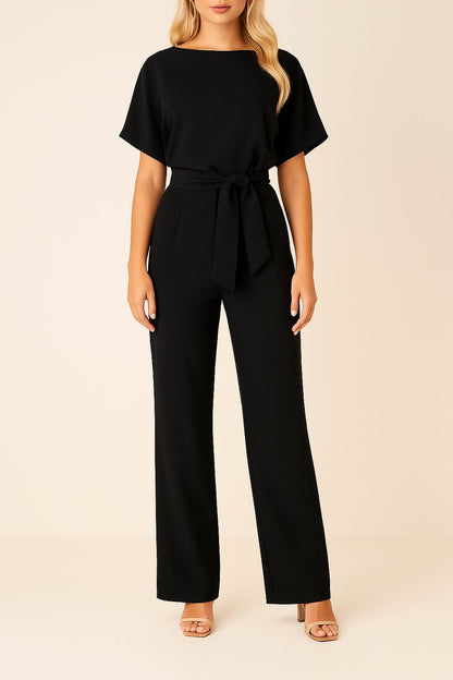 Effortless Wide Leg Jumpsuit for Women with Boat Neck Short Sleeve Tie Waist Belted Casual Style