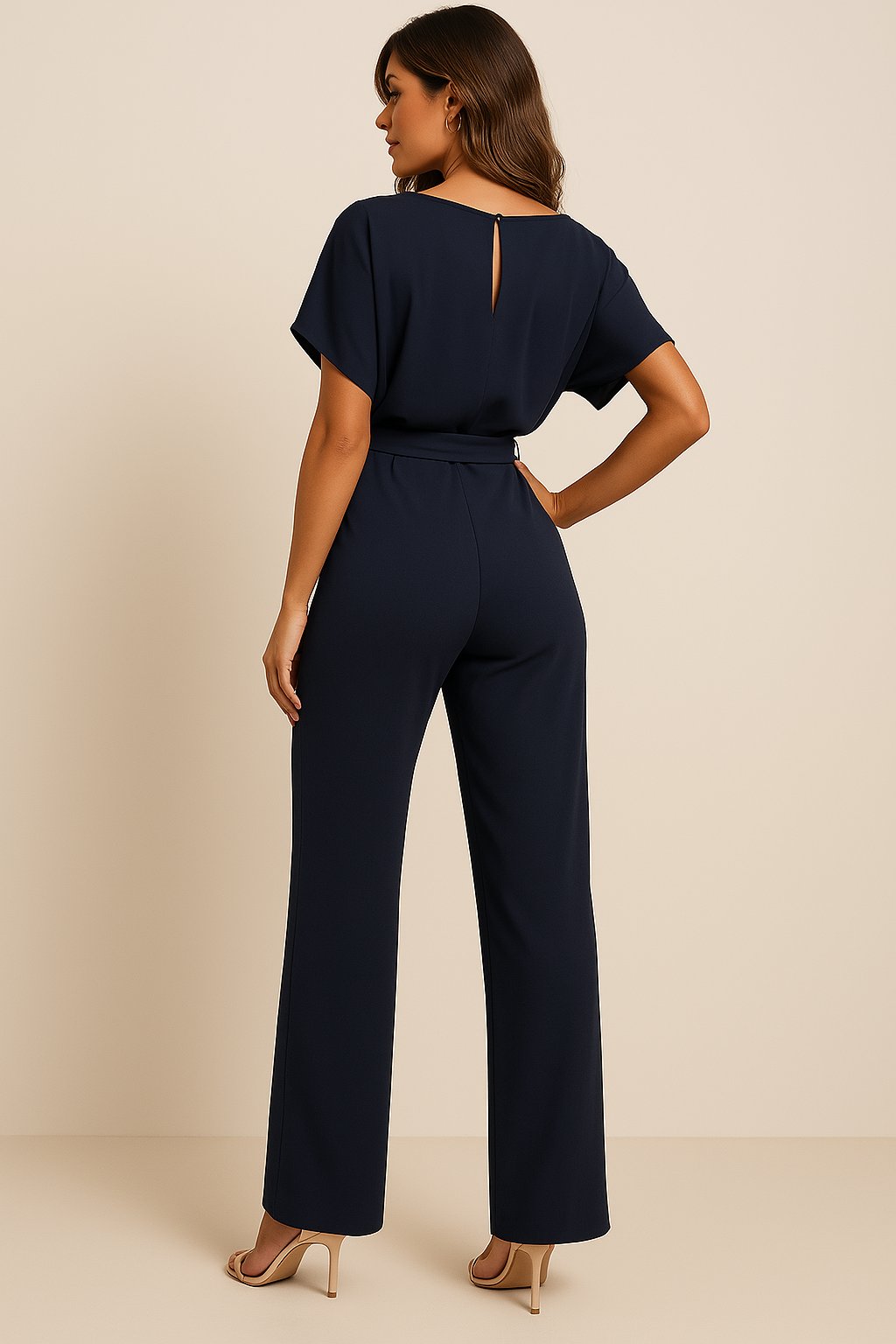 Effortless Wide Leg Jumpsuit for Women with Boat Neck Short Sleeve Tie Waist Belted Casual Style