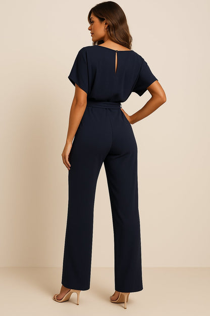 Effortless Wide Leg Jumpsuit for Women with Boat Neck Short Sleeve Tie Waist Belted Casual Style