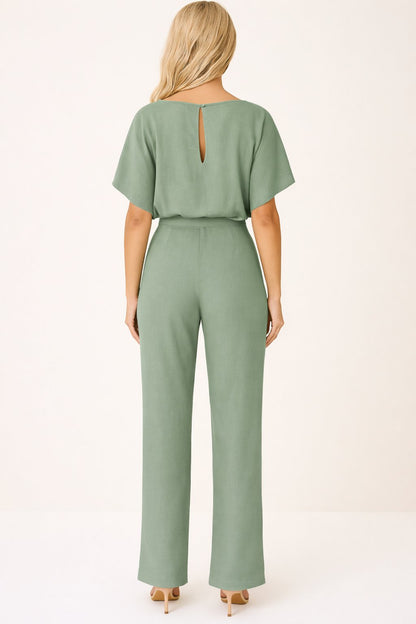 Effortless Wide Leg Jumpsuit for Women with Boat Neck Short Sleeve Tie Waist Belted Casual Style