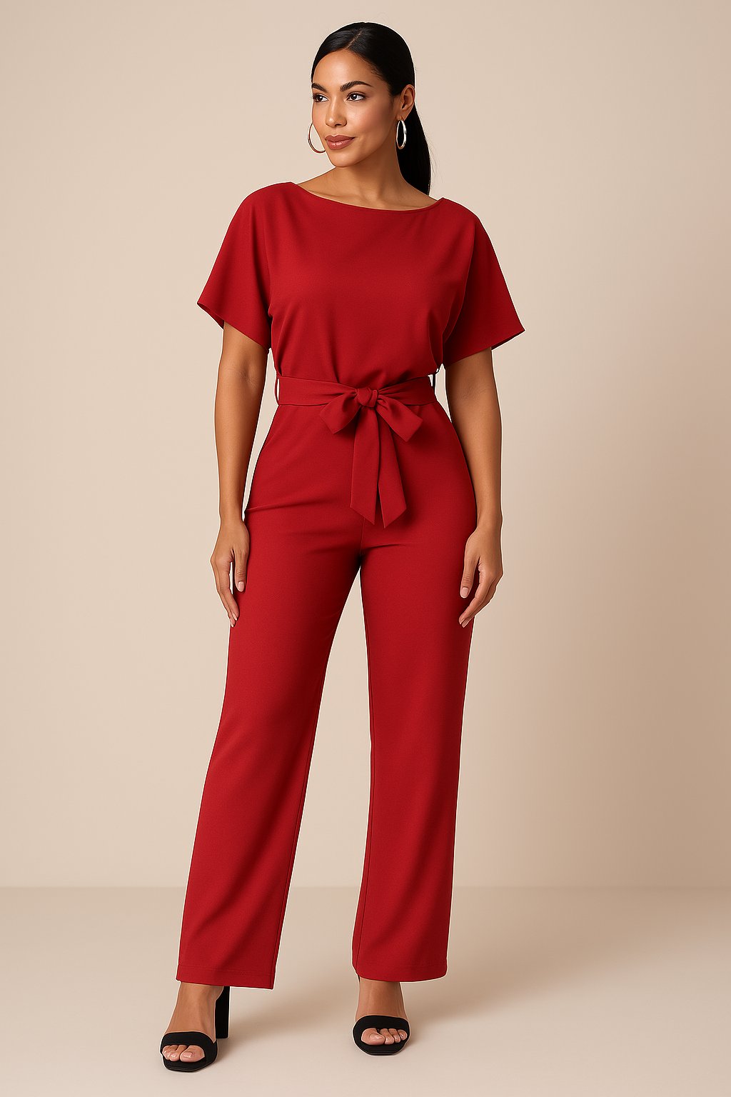Effortless Wide Leg Jumpsuit for Women with Boat Neck Short Sleeve Tie Waist Belted Casual Style