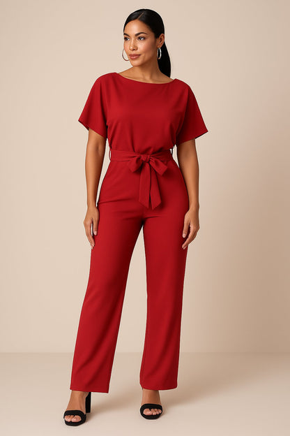Effortless Wide Leg Jumpsuit for Women with Boat Neck Short Sleeve Tie Waist Belted Casual Style