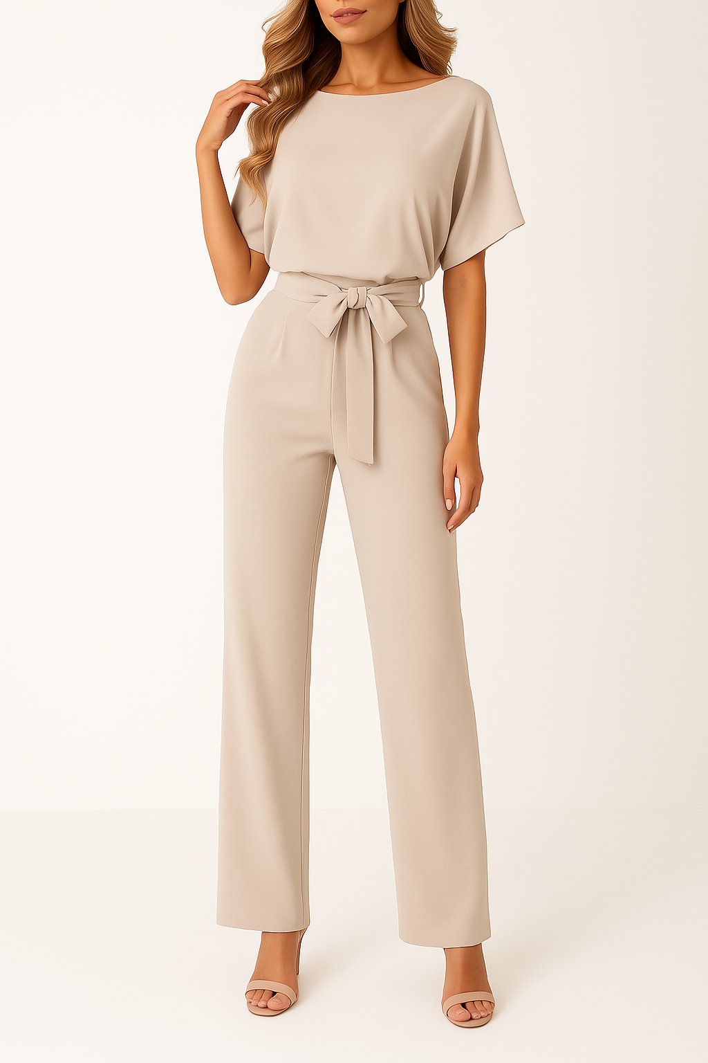 Effortless Wide Leg Jumpsuit for Women with Boat Neck Short Sleeve Tie Waist Belted Casual Style