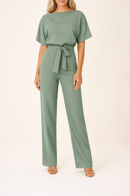 Effortless Wide Leg Jumpsuit for Women with Boat Neck Short Sleeve Tie Waist Belted Casual Style