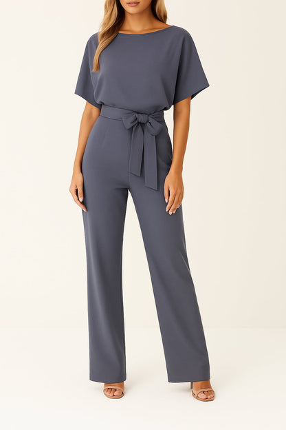 Effortless Wide Leg Jumpsuit for Women with Boat Neck Short Sleeve Tie Waist Belted Casual Style