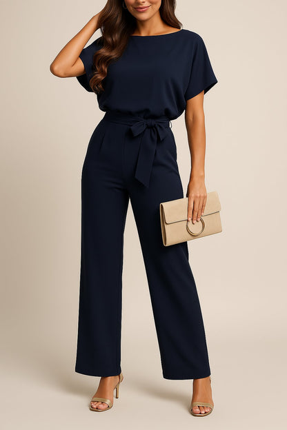 Effortless Wide Leg Jumpsuit for Women with Boat Neck Short Sleeve Tie Waist Belted Casual Style