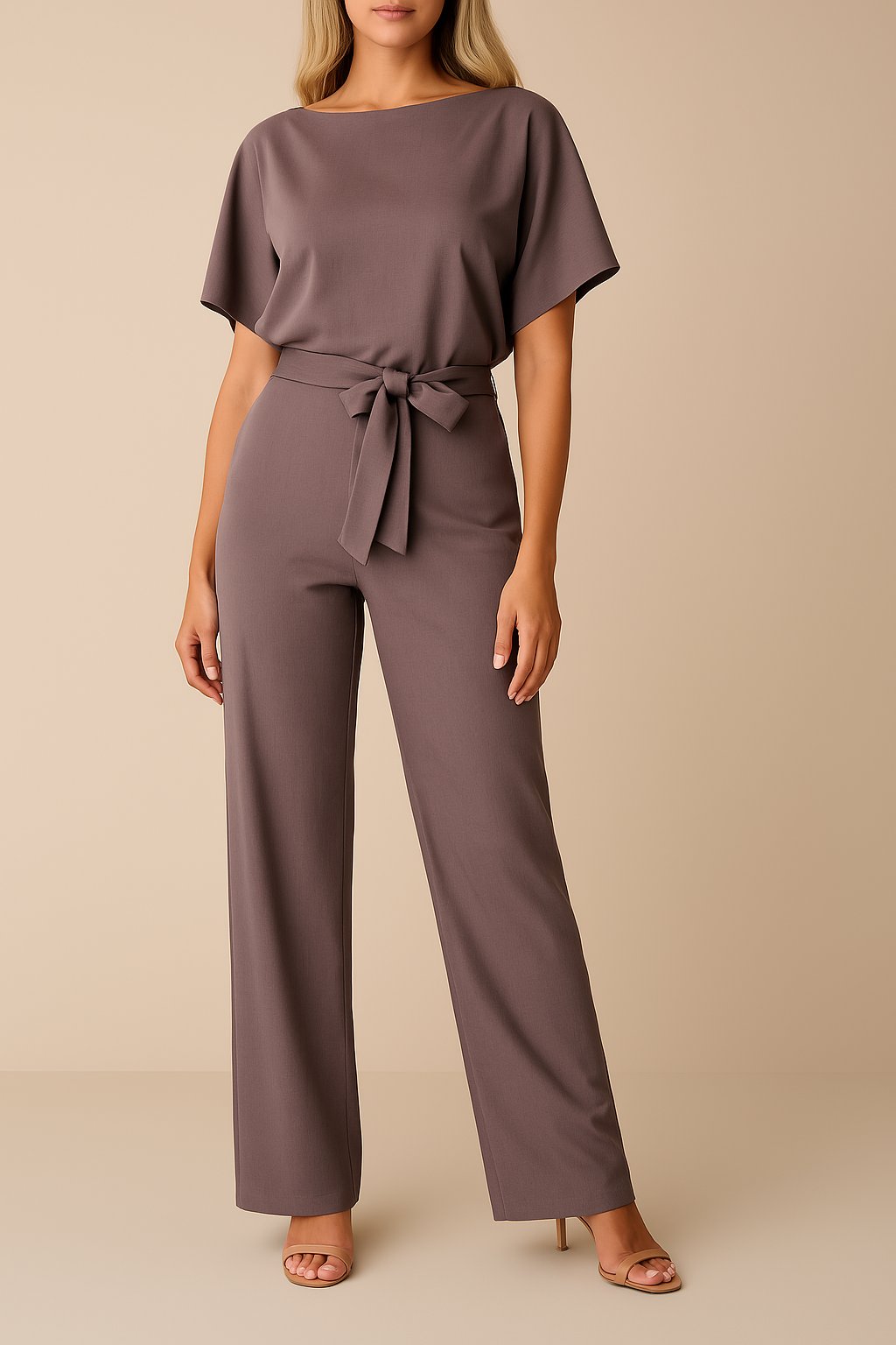 Effortless Wide Leg Jumpsuit for Women with Boat Neck Short Sleeve Tie Waist Belted Casual Style