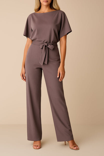 Effortless Wide Leg Jumpsuit for Women with Boat Neck Short Sleeve Tie Waist Belted Casual Style