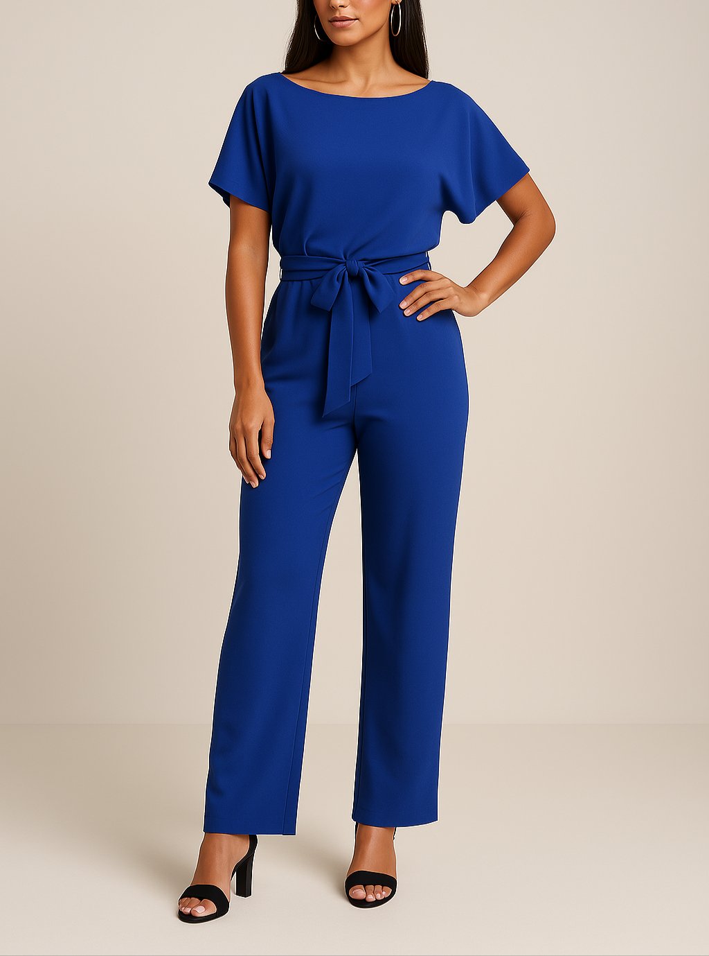 Effortless Wide Leg Jumpsuit for Women with Boat Neck Short Sleeve Tie Waist Belted Casual Style