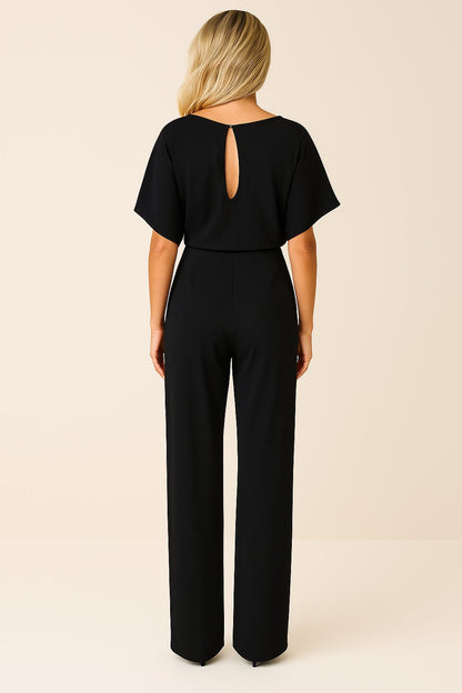 Effortless Wide Leg Jumpsuit for Women with Boat Neck Short Sleeve Tie Waist Belted Casual Style