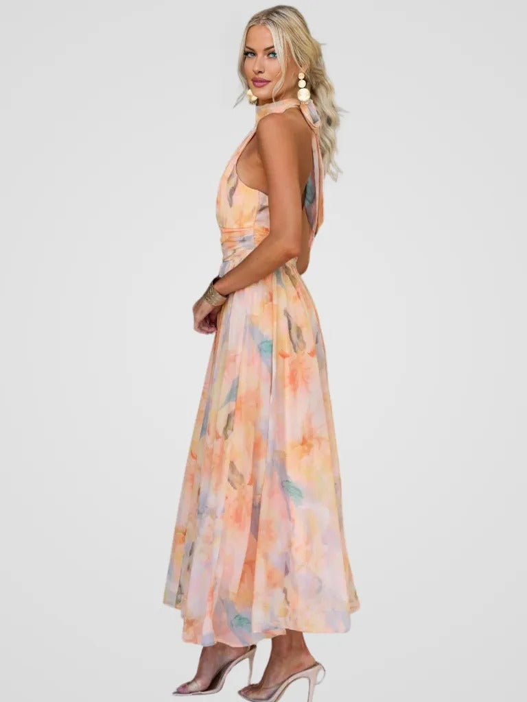 Elegant Pink Floral Chiffon Midi Dress for Women with Halter Neck Backless Twist Front Formal Style