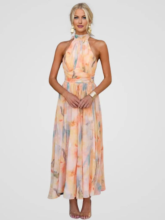 Elegant Pink Floral Chiffon Midi Dress for Women with Halter Neck Backless Twist Front Formal Style