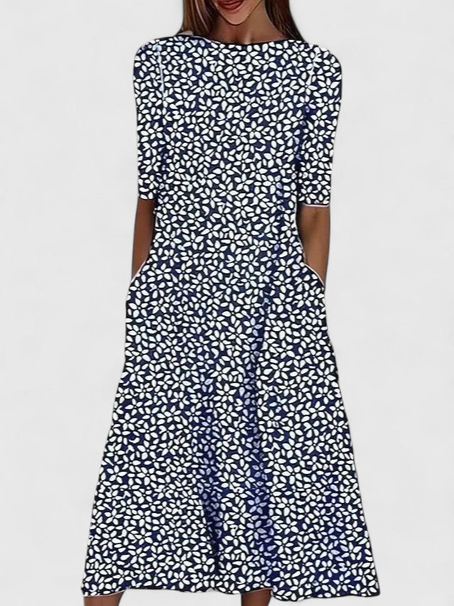 Effortless Floral Print Casual Dress for Women with Short Sleeve Pocket A-Line Midi Style
