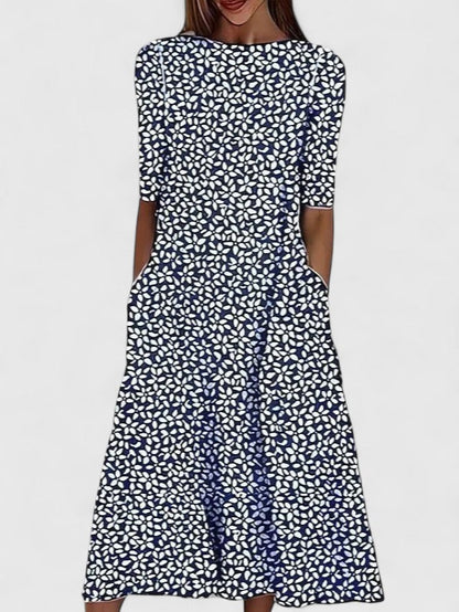 Effortless Floral Print Casual Dress for Women with Short Sleeve Pocket A-Line Midi Style